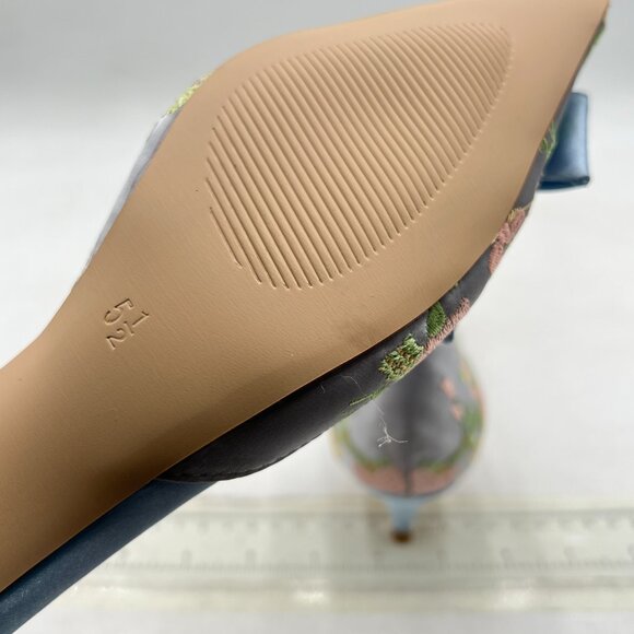 XYD Blue Flower Embroidery D'Orsay Kitten Heel Bridal Bowknot Pointed Toe Pumps - Picture 6 of 8